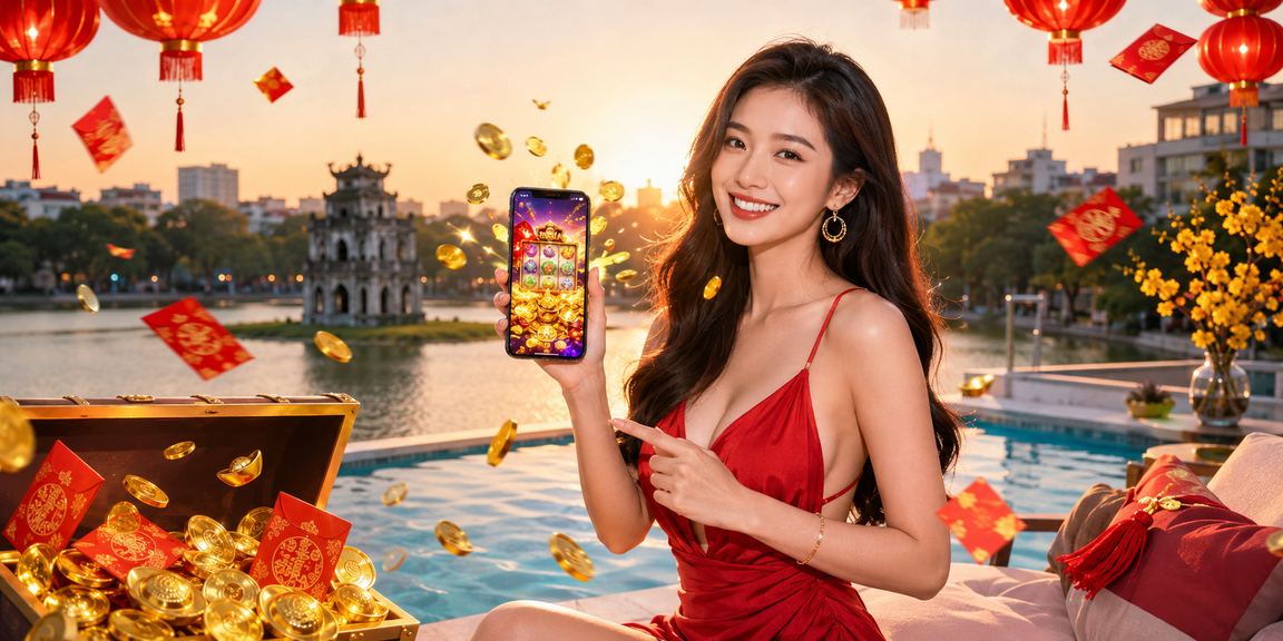 Trò chơi slot machine với đèn lồng Hà Nội lung linh tạo không khí lễ hội